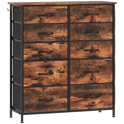 Tall Fabric Chest of Ten Drawers With Wood Top For Bedroom Or Hallway Storage, Rustic Brown