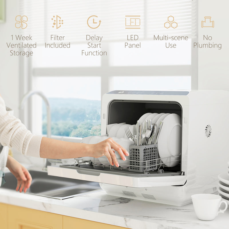 Compact Tabletop Dishwasher with 6L Capacity and Multiple Wash Programs, White