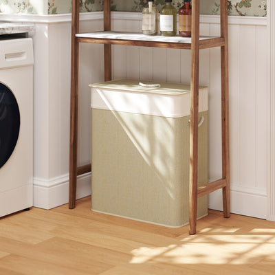 Cream 100L Double Laundry Basket with Lid and Removable Liner for Bathroom