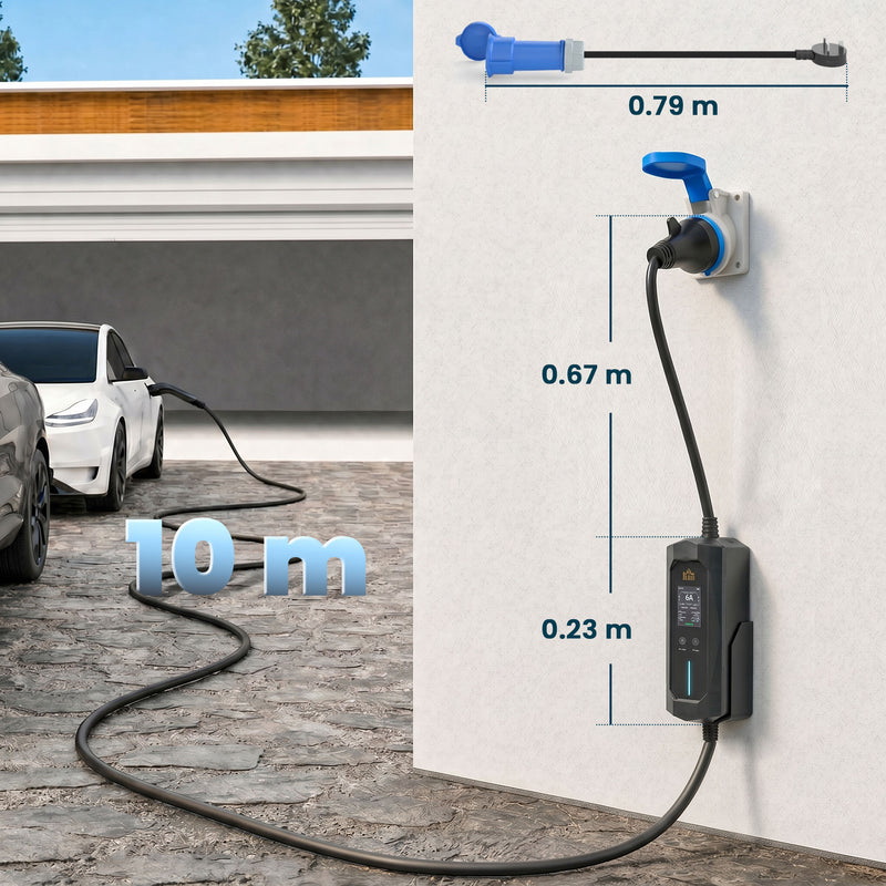 Portable Type 2 EV Charger for Easy Home Car Charging with 10m Cable Black