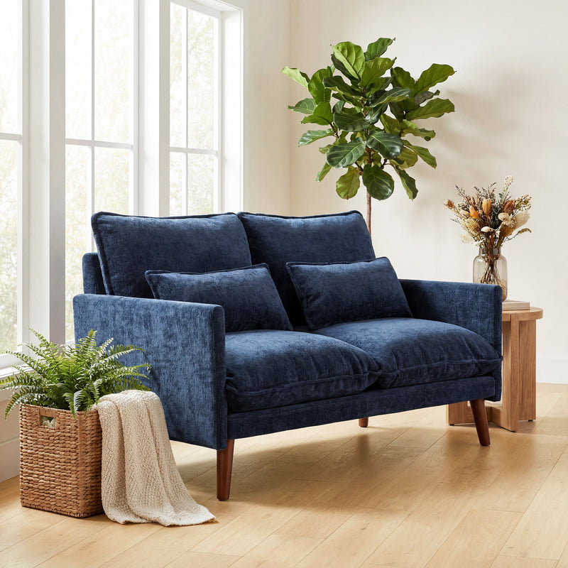 2 Seater Compact Sofa for Small Spaces with Supportive Cushions and Velvet Feel Blue