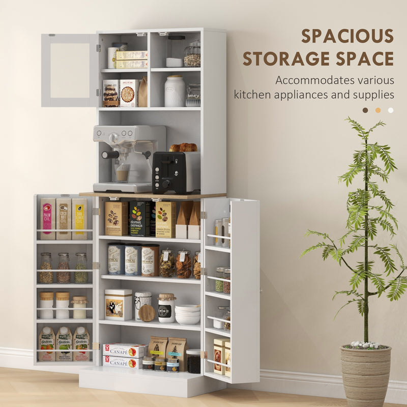 White Kitchen Pantry Cabinet with Microwave Shelf & Adjustable Shelves 60 × 35 × 169cm Homcom