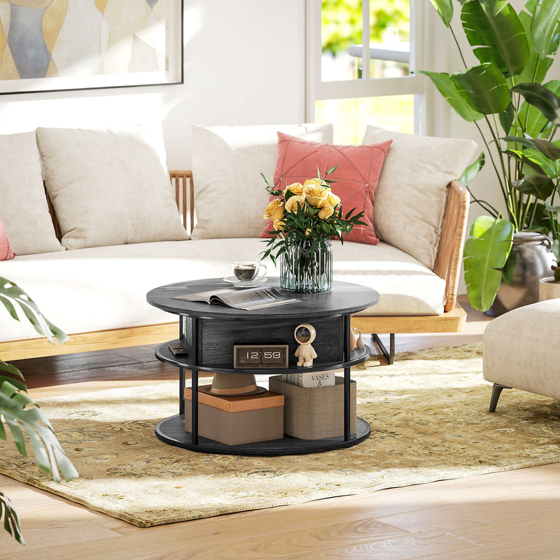 Charcoal Grey Round Lift Top Coffee Table With Storage Shelf For Living Room Or Office
