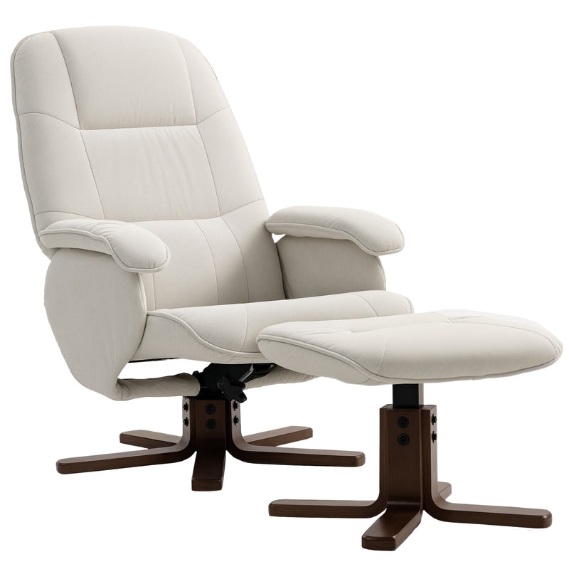 Linen Swivel Recliner Armchair with Footstool and Wooden Base for Living Room Comfort Beige
