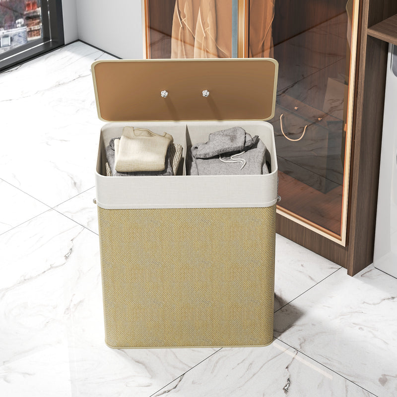 Cream 100L Double Laundry Basket with Lid and Removable Liner for Bathroom