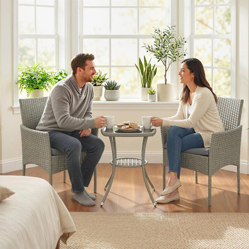 Rattan Garden Bistro Set for Small Spaces with Cushioned Chairs and Glass Table Outsunny