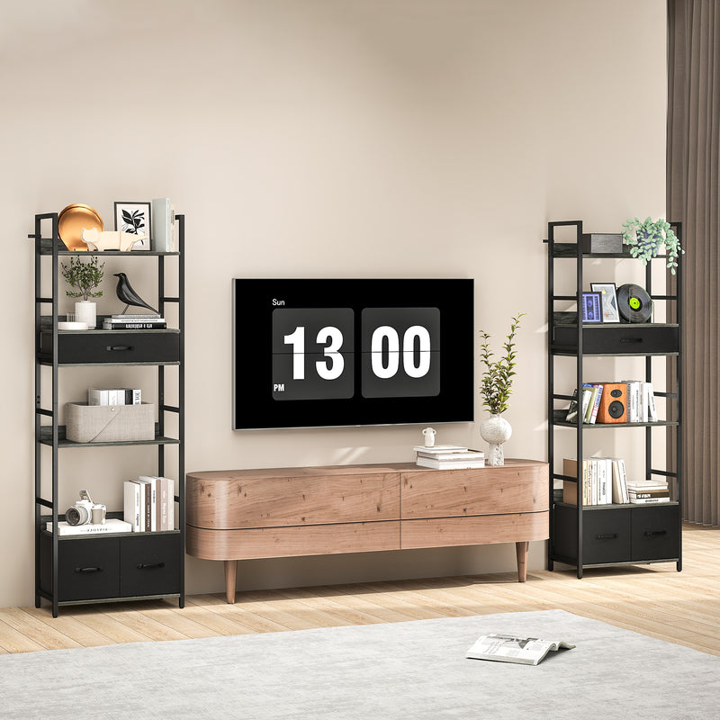 6 Tier Industrial Bookshelf With Storage Drawers For Home Office Or Living Room Grey