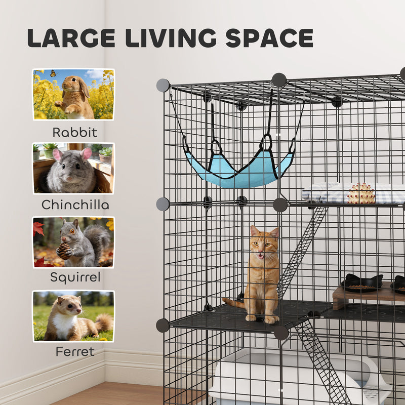 Modular Indoor Cat Enclosure with Adjustable Panels and Resting Hammock Black AOSOM