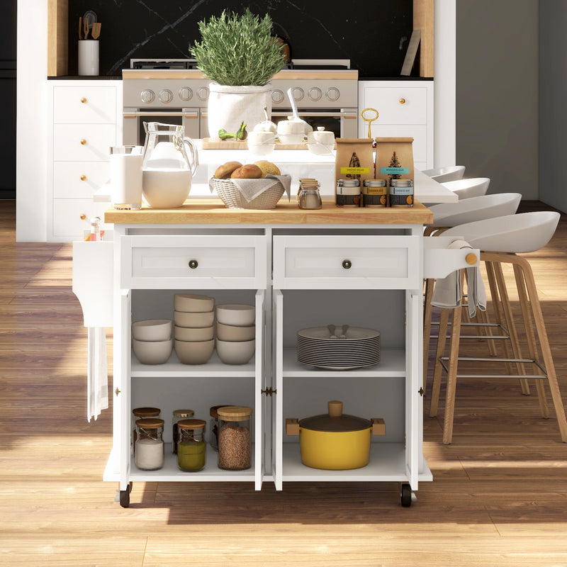 Cream White Rolling Kitchen Island Trolley with Rubber Wood Top and Storage by HOMCOM