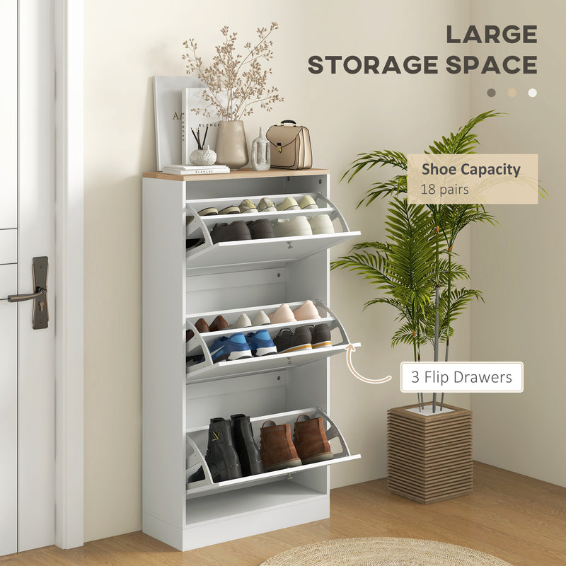 Modern Three Drawer Shoe Storage Cabinet With Slim Space Saving Design, White