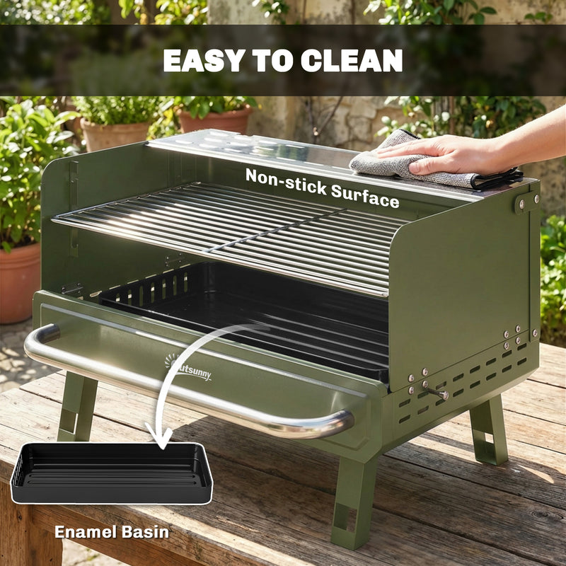 Portable Charcoal BBQ Grill for Easy Outdoor Cooking with Folding Side Shelf Green