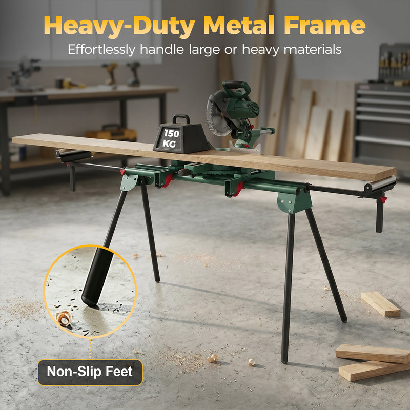 Mitre Saw Stand with Adjustable Rollers for Stable Timber Cutting Green