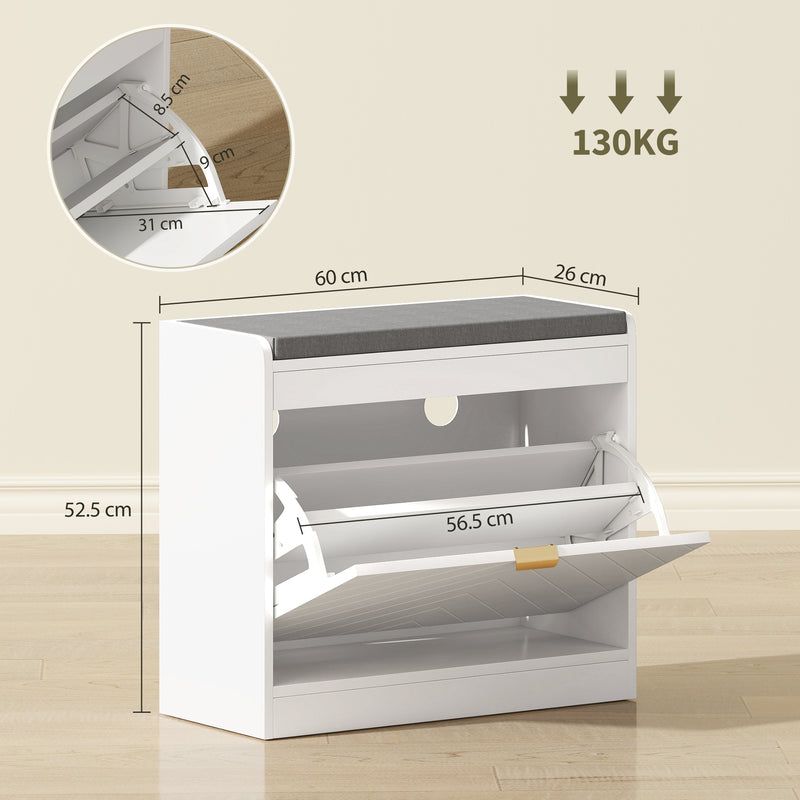 White Shoe Storage Bench For Entryway - Flip Drawer With Chevron Detail - Grey Cushioned Seat Homcom