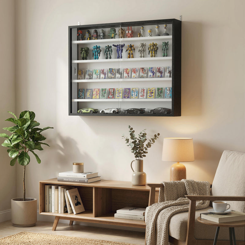 Wall Display Cabinet with Adjustable Shelves and Sliding Glass Doors for Ornaments Black AOSOM