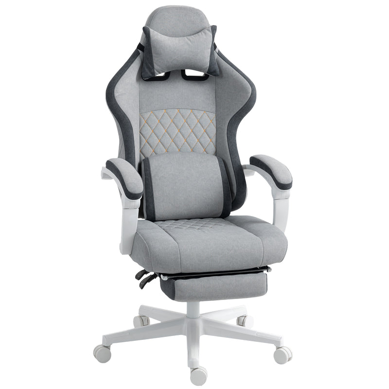 Grey Velvet Reclining Gaming Chair With Footrest And Lumbar Support For Home Office