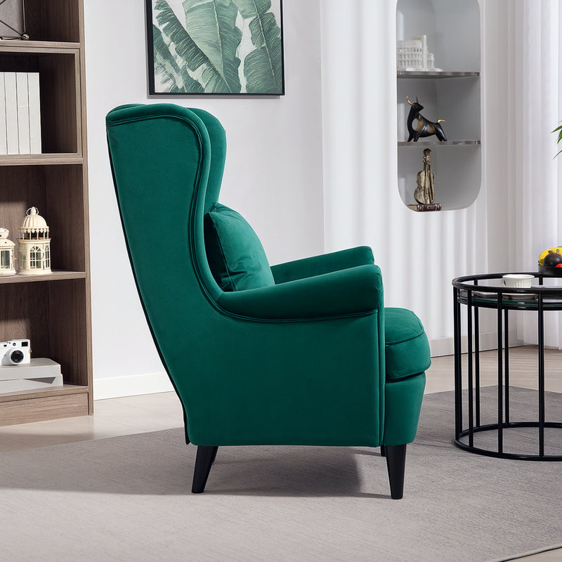 Dark Green Velvet Wingback Armchair With High Back And Pillow For Living Room Comfort
