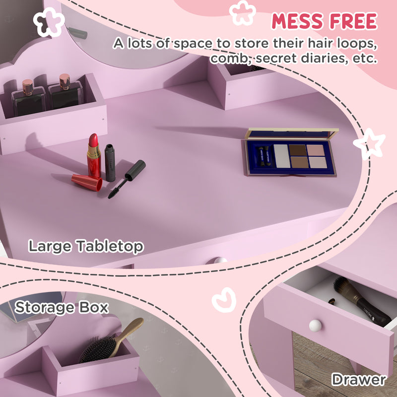 Kids Vanity Table with Mirror Stool and Storage Ideal for Ages 3 to 6 Years, Pink