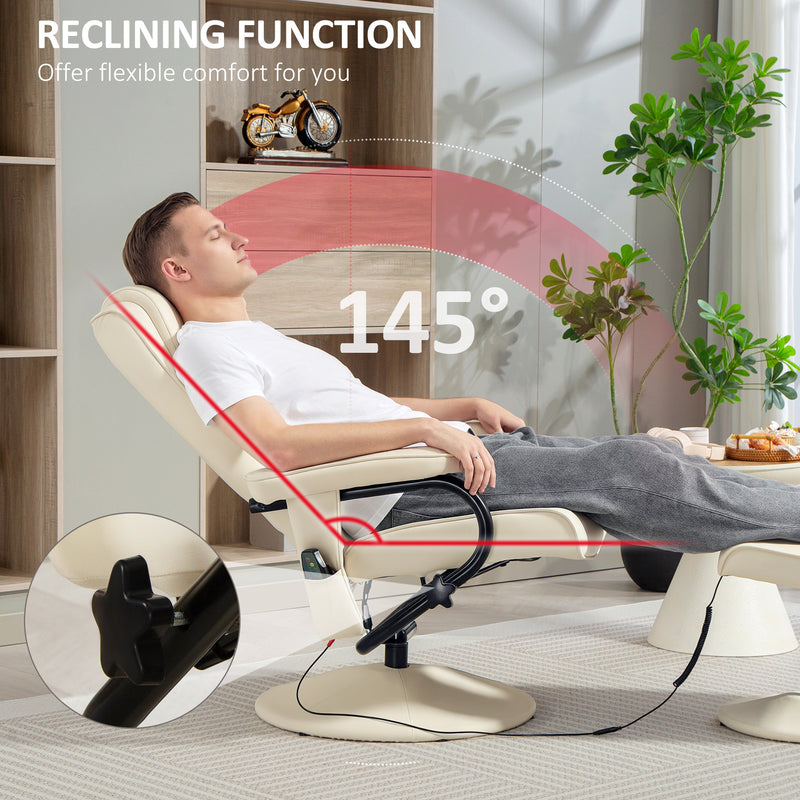 Swivel Recliner Massage Chair with Footstool and Remote Control for Home Comfort, Cream White