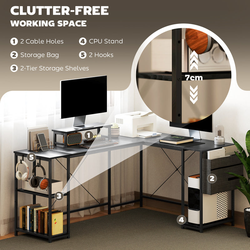 Black L Shaped Corner Desk 168cm with Adjustable Shelf and Storage for Two People by HOMCOM