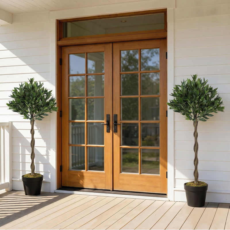 Artificial Bay Laurel Topiary Trees Set of 2 for Low Maintenance Front Door Greenery Green