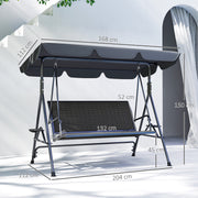 Grey 3 Seater Garden Swing Chair with Adjustable Canopy and Rattan Seat by Outsunny