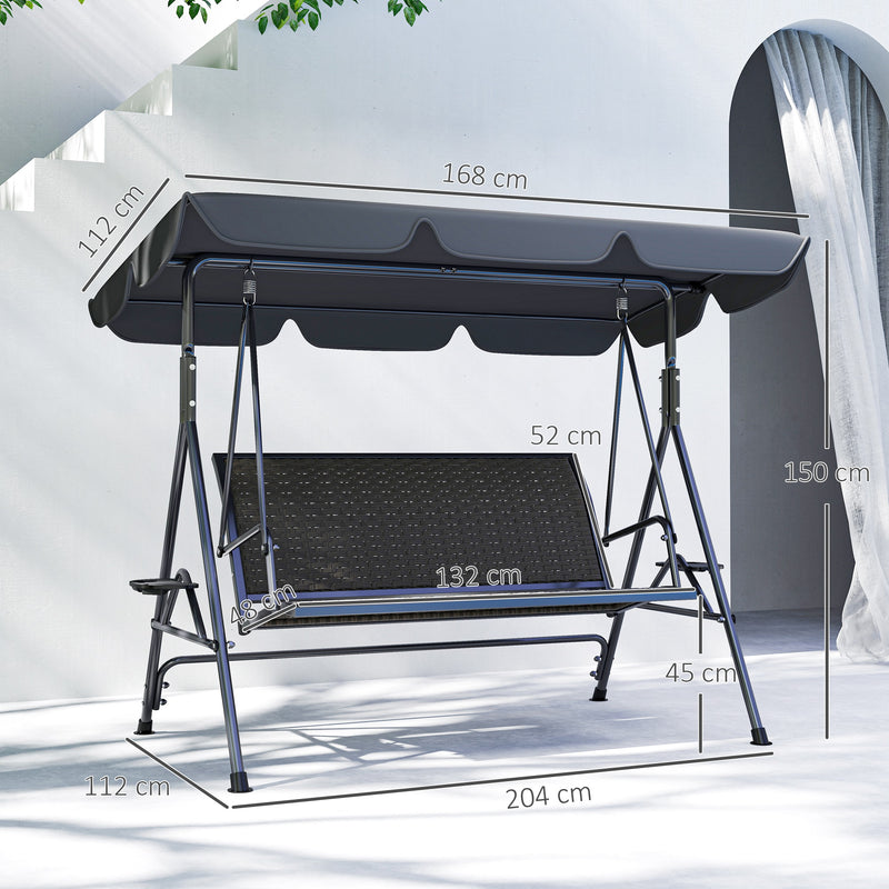Grey 3 Seater Garden Swing Chair with Adjustable Canopy and Rattan Seat by Outsunny