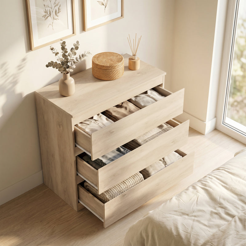 3 Drawer Chest for Organising Everyday Clothes with Handleless Design Oak