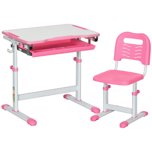 Adjustable Kids Desk and Chair Set with Storage Drawer and Hook for Study Time, Pink