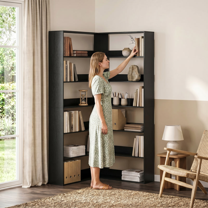 Tall Corner Bookcase with 7 Shelves for Space Saving Storage Black Wood Effect