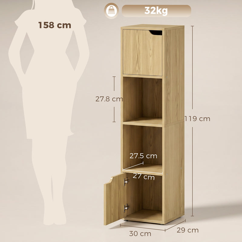 Slim Corner Bookcase with Shelves and Cabinets for Small Spaces Oak