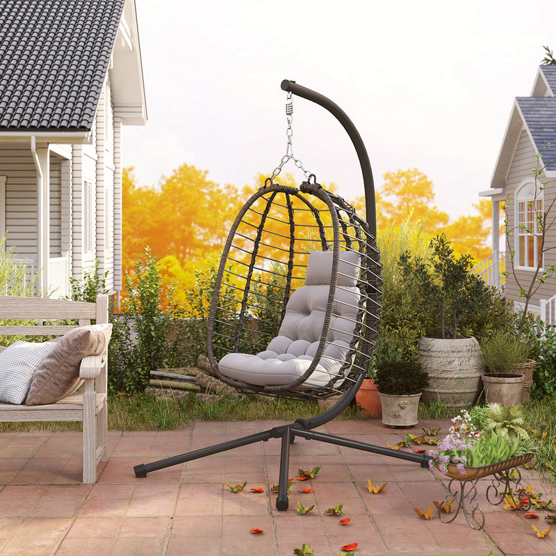 Light Grey Rattan Hanging Egg Chair with Cushion and Stand for Garden or Patio by Outsunny