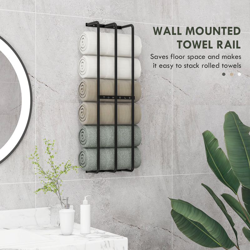 Wall Mounted Metal Towel Rack With Six Rails For Bathroom Storage, Black AOSOM
