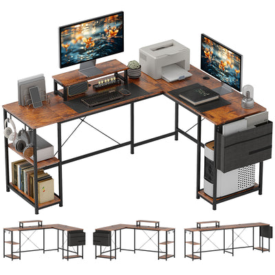 Rustic Brown L Shaped Corner Computer Desk with Adjustable Shelf and Storage by HOMCOM