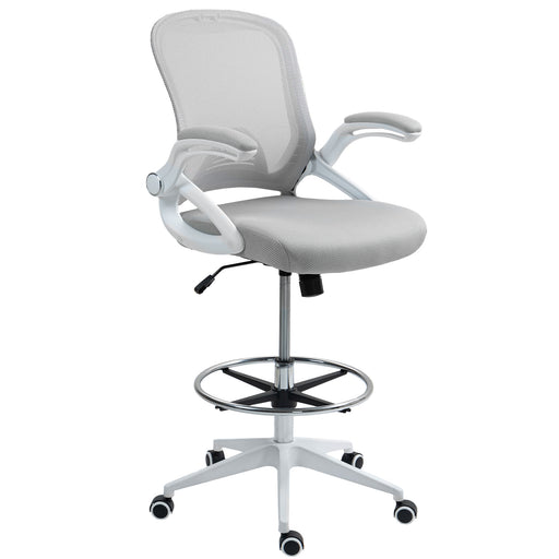 Light Grey Mesh Drafting Chair With Flip-up Armrests and Foot Ring by Vinsetto