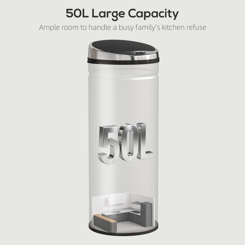 50L Stainless Steel Automatic Sensor Bin With Touchless Lid For Kitchen Or Office Use, Silver