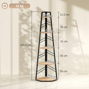 Corner Bookcase with Five Shelves for Space Saving Storage Natural Wood and Black AOSOM