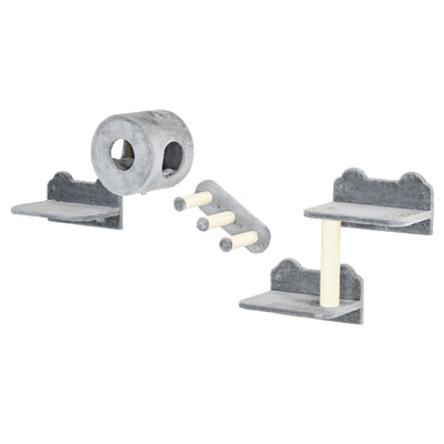 Wall Mounted Cat Tree Set with Steps Perch and House Ideal for Climbing and Play Grey