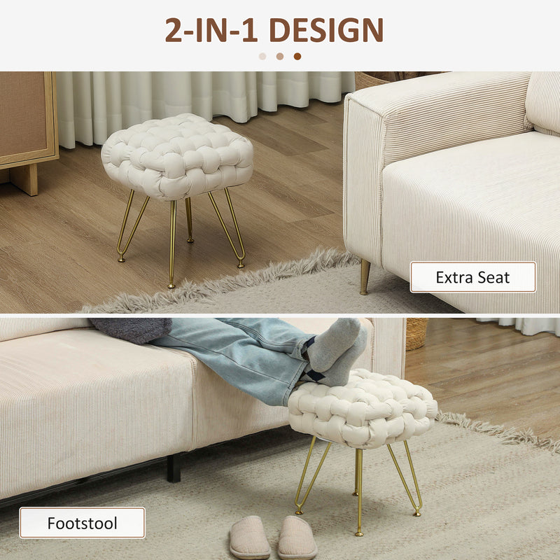 Cream White Velvet Feel Woven Square Footstool With Gold Legs Stylish and Comfortable by HOMCOM