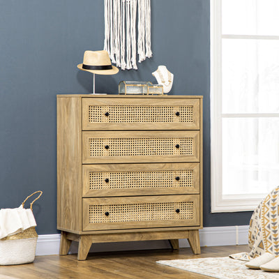 4 Drawer Storage Cabinet With Rattan Fronts Ideal For Bedroom Or Lounge, Wood Effect