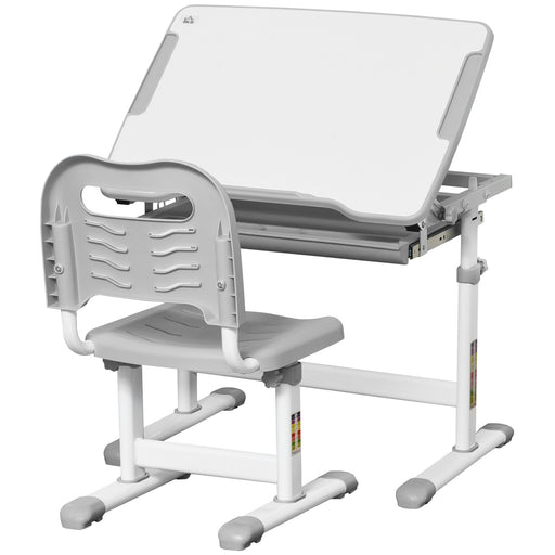 Adjustable Kids Study Desk and Chair Set with Storage Drawer and Hook, Grey