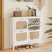 Slim Shoe Storage Cabinet for Hallway with Boho Style Rattan Doors and Oak Top Holds 20 Pairs White 105x24x95cm Homcom