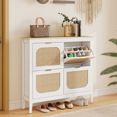 Slim Shoe Storage Cabinet for Hallway with Boho Style Rattan Doors and Oak Top Holds 20 Pairs White 105x24x95cm Homcom