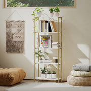 Gold and White Shelves For Living Room - 5 Tier Bookcase For Room Organisation - Gold Metal Frame With White Shelves Homcom