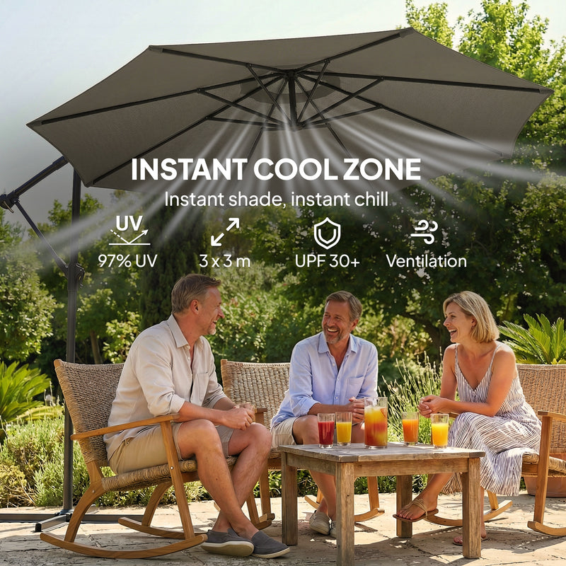 Cantilever Garden Parasol with UPF 30+ Adjustable 360° Shade and Protective Cover, Grey