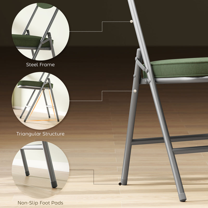 Set of Four Folding Seat Chairs with Soft Corduroy Upholstery for Dining or Guests Green