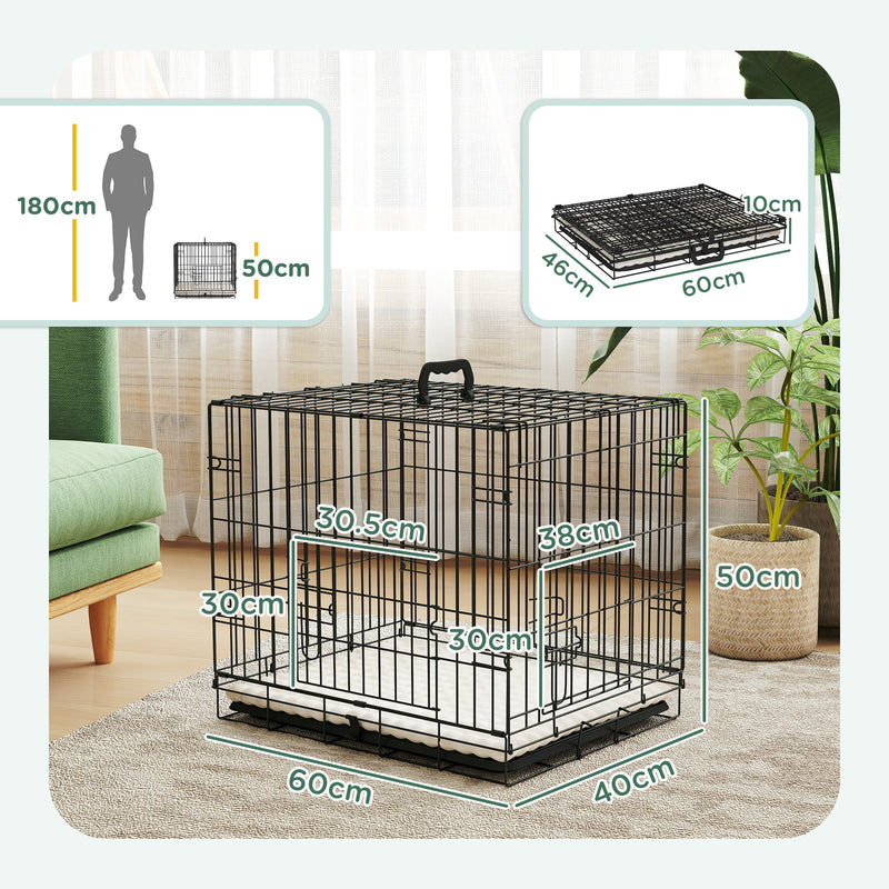 Foldable Black Dog Crate with Two Doors Tray and Cushion for Extra Small Dogs 60 x 40 x 50 by PawHut