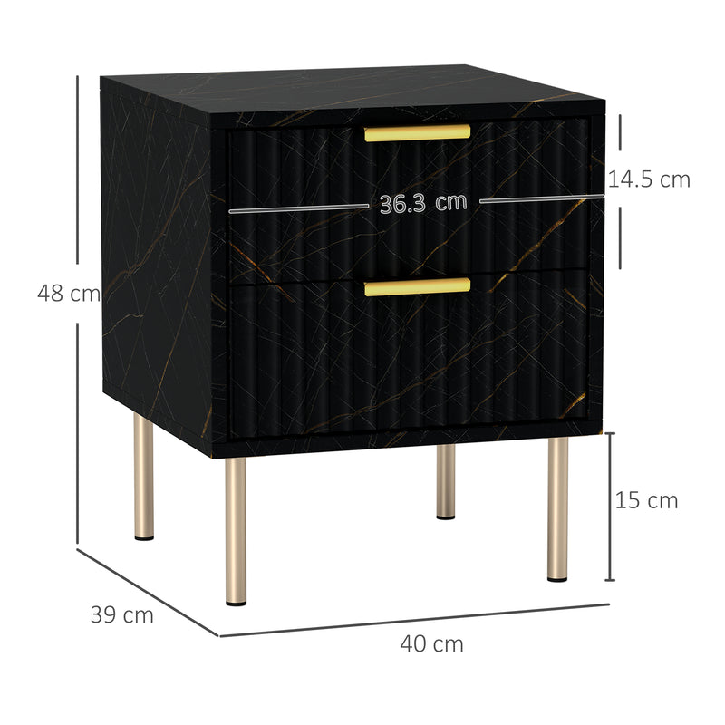 Black Two Drawer Bedside Table with Gold Legs Elegant Design by HOMCOM