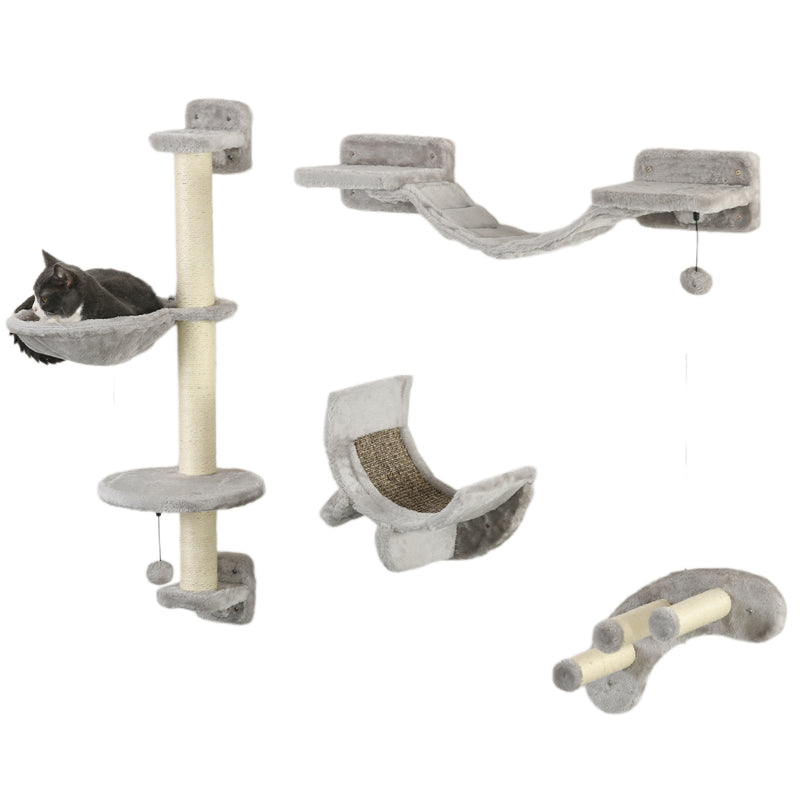 Wall Mounted Cat Climbing Set with Hammock and Steps for Indoor Cats Grey