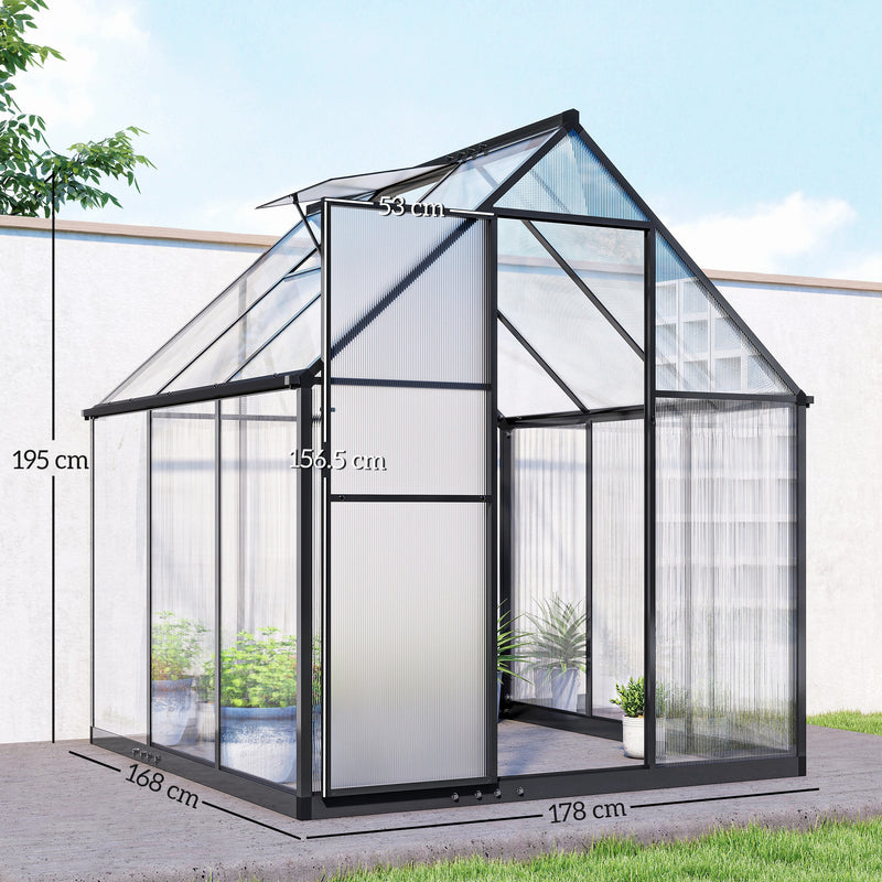 Walk-In Polycarbonate Greenhouse 6x6.5ft | Aluminium Frame, Roof Vent & Rain Gutter – Black Outsunny
