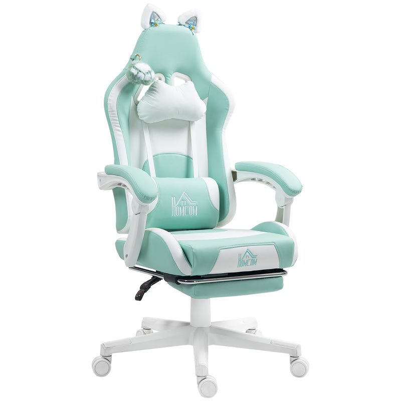 Reclining Office Chair with Cat Ear Design and Footrest for Home or Study Light Blue White